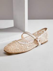 SHUZIA Women's Comfortable Floral Knitted Lace Round Toe Ballet Flats - Beige - View 7