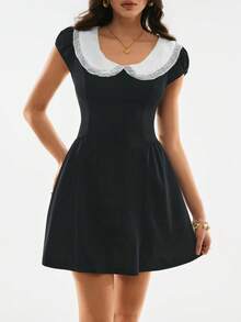 Poéselle Vestido de moda con cuello Peter Pan y mangas cortas de color contrastante para mujer, vestido negro, atuendos de trabajo para mujer, vestidos de vacaciones, vestidos elegantes para mujer, vestidos casuales para mujer, atuendos de vacaciones para mujer, estilo campestre para mujer, perfecto para vacaciones, viajes, fines de semana y uso en el té, vestido de primavera/verano con estilo preppy para mujer, vestido con cuello Peter Pan, vestido de estilo francés, vestido de marinero para mujer - Blanco - Ver 5