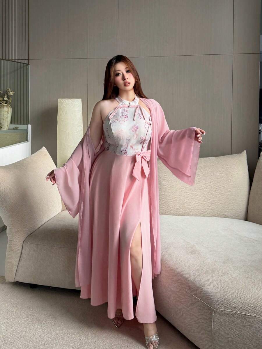 娇小甜美粉色蕾丝吊带鱼尾长裙，春夏款；新款中国风复古优雅网纱透视开衫，吊带印花衬衫拼接纯色前开衩中长连衣裙套装；新款中国风改良旗袍；轻盈奢华小众民族风粉色吊带长裙，春夏款；宽松网纱透视开衫轻盈百搭外套两件套，女士 - 粉色 - 查看 1