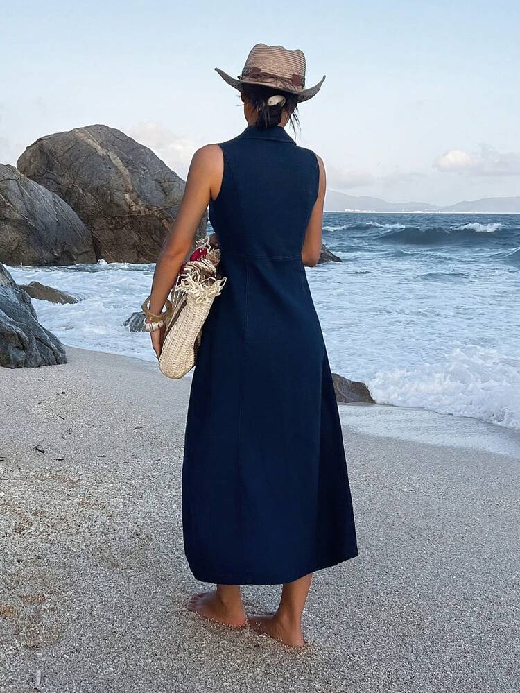 Women's Casual Denim Sleeveless Collared Dress, Summer,Wedding Guest Dress Women