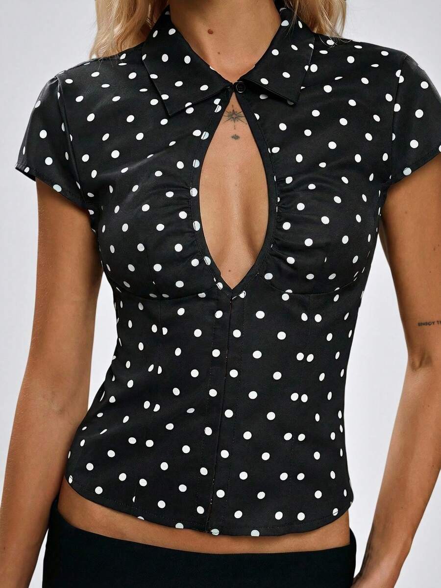 TRNVIE 1件女士波点印花镂空水滴领性感纽扣衬衫，美人鱼风格办公室精英短袖衬衫上衣，适合派对、宴会、假日等场合。 - 黑與白 - 查看 1