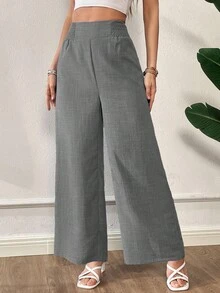 SHEIN Essnce 大码女装春夏时尚休闲宽松超高腰深蓝色阔腿裤，女士下装，夏季女装，度假女装，简约风，宽松裤，修身裤 - 淺灰色 - 查看 6