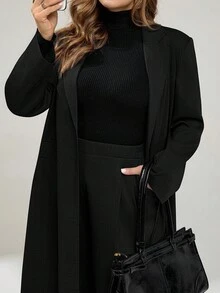 Auralis 大码女装春秋时尚休闲宽松舒适日常百搭修身长款西装外套和阔腿裤灰色西装套装，老款风格，商务休闲女装，女士办公室服装，工作服，秋季服装 - 黑色 - 查看 9