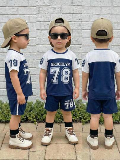 SHEIN Bubblio 2pcs/Set Young Boy Casual Minimalist Cartoon Letter Print Short Sleeve T-Shirt And Shorts, Suitable For Spring, Summer,Concert,Club,2000s Style,Old Money,Prom,Party,Streetwear,Rave,Festival,Boho,Y2k