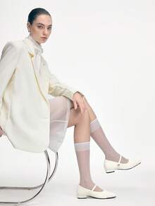 Mnmlis 女士新款灰色法式低跟尖头简约时尚羊毛玛丽珍鞋 - 糯米白色 - 查看 6