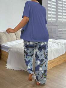 SHEIN 大码灰色牛奶丝针织考拉印花短袖睡衣套装 - 藍色 - 查看 2