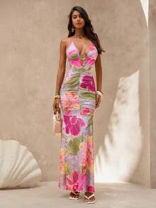 Glamine Women's Long Printed Vacation Halter Backless Romantic Dress - Multicolor - View 3