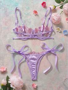 2件套女士天蓝色刺绣蕾丝肩带内衣文胸和内裤套装 - 紫色 - 查看 2