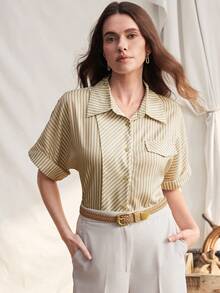 Zovinel Women's Blue And White Striped Short Sleeve Shirt Blouse,Summer Elegant Retro Design Sense Professional Work Top For Office,Brunch,Vacation,Fashion - Multicolor - View 6