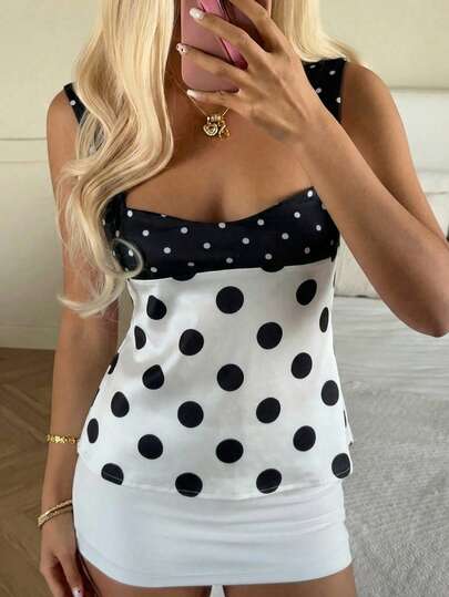 CovetEZ 2026 New Sweet Casual Party Shiny Satin Black & White Retro Polka Dot Contrast Color Splice Backless Tie Camisole, Suitable For Summer, Suitable For Home Wear