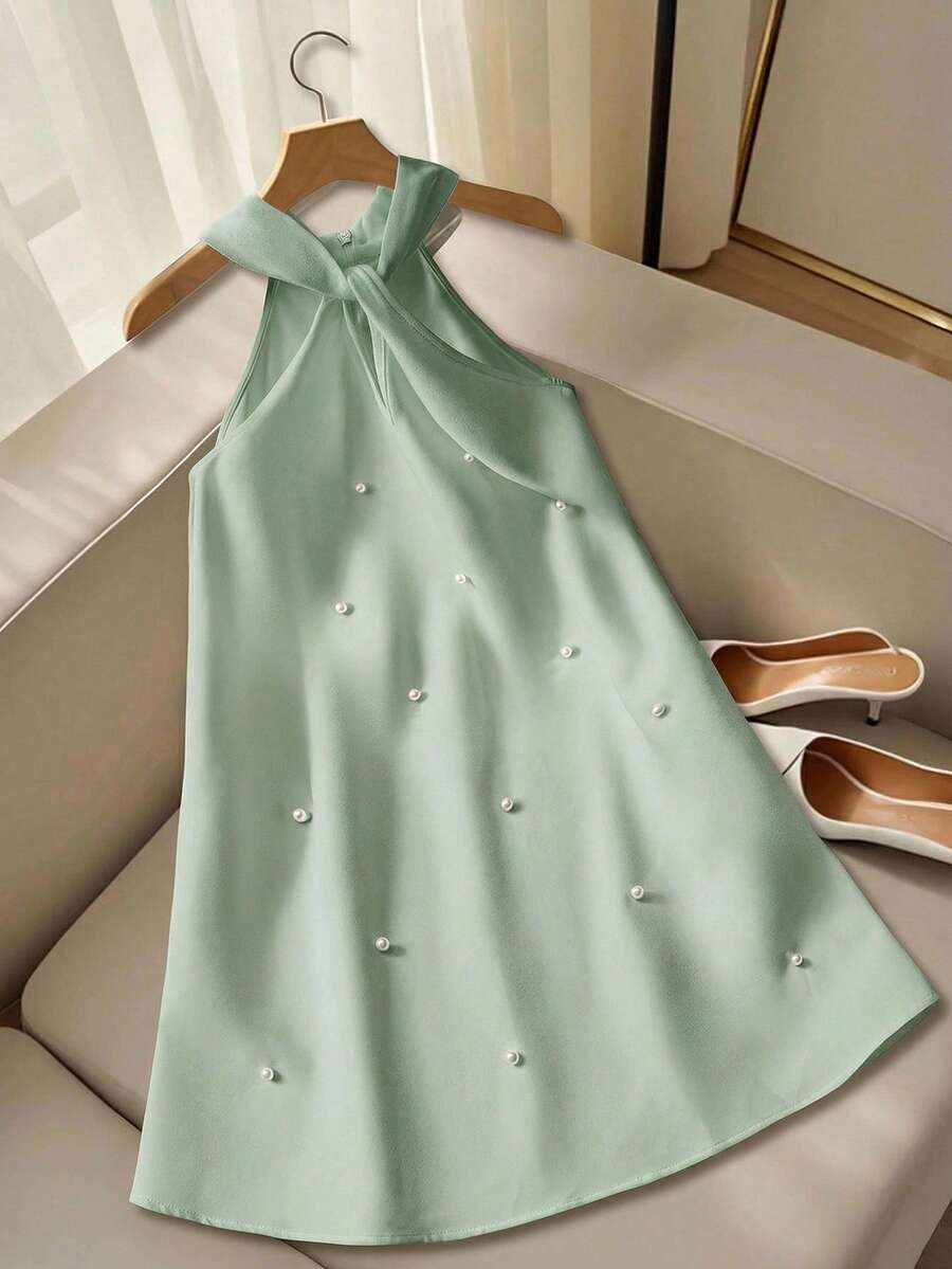 SHEIN Tween Girl Elegant Solid Green Halter Neck Beaded Back Bow A-Line Sleeveless Dress Pearl Embellished Mint Summer Seafoam Pastel Classy Spring - Green - View 1