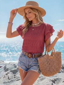 Sylviya Women Summer Solid Color Round Neck Short Flounce Sleeve Loose Pleated Blouse - Pink - View 3