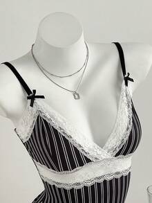 Elamini 夏季性感V领蕾丝条纹拼接镂空吊带背心 - 黑色 - 查看 8