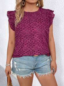 EMERY ROSE Plus Size Women Vacation Floral Embroidery Back Tie Cap Sleeve Blouse - Red Violet - View 5