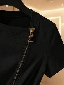 Franclia 黑色针织纹理修身抽绳双头拉链女式短袖T恤，黑色上衣，夏季度假，夏季上衣，女士休闲上衣，女士度假装。时尚休闲通勤装，商务办公装，百搭时尚日常休闲装，都市教师职业装 - 黑色 - 查看 6