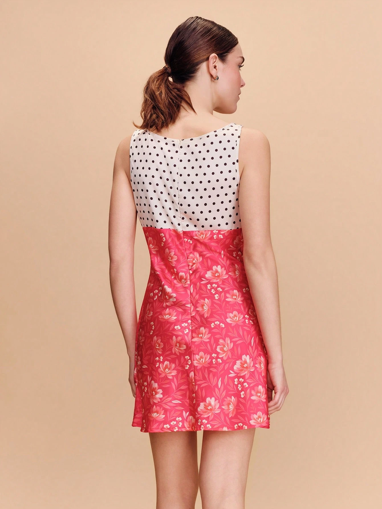 Mini Dress With Dot Bust And Floral Skirt Spring Summer French Style Parisian Style Polkadot Dress Satin Dress Vacation Dress Flower Dress Going Out Dress