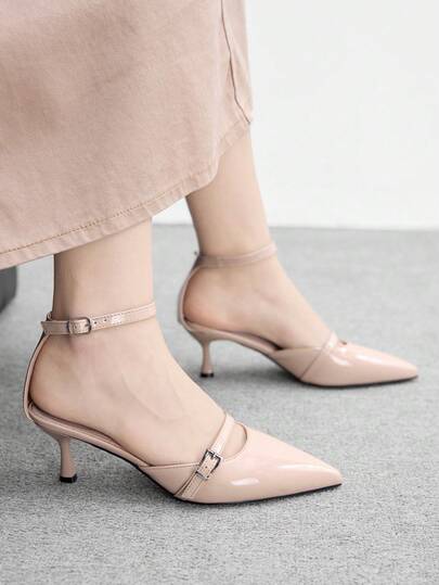 CUCCOO BIZCHIC Women's High-Heeled Shoes, Retro Glossy Burgundy High Heels, Pointed Double Buckle With Hollow Stiletto Shoes, Spring And Summer Versatile Workplace Dating Shoes