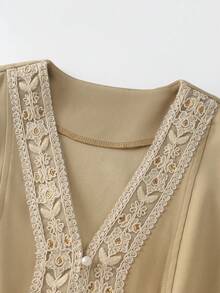 SHEIN Franclia Conjunto de 2 piezas de top de tirantes y falda de verano para mujer, con parches de encaje y cremallera - Caqui - Ver 6