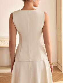 CLARA VERO Women's Square Neck Front Button Waist Sleeveless Blazer - White - View 8