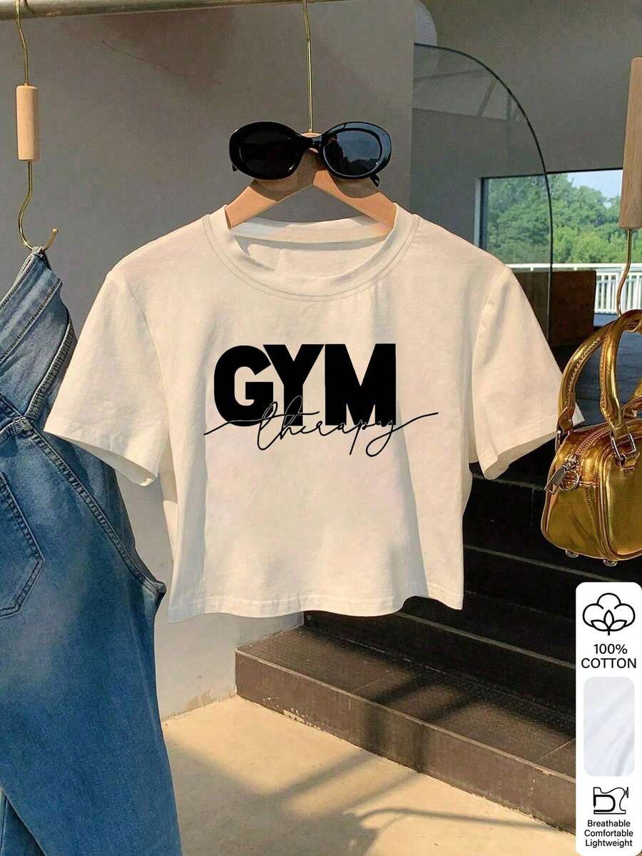 Women's Round Neck Letter Print Casual Versatile Daily Wear Short Sleeve T-Shirt - White - View 1