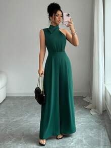 SHEIN PETITE Women's Casual Fashionable Unique Sleeveless Off-Shoulder Cinched Waist Satin Turtleneck Wide Leg Jumpsuit - Green - View 1