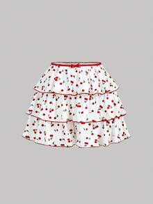 SHEIN MOD White And Red Cherry Print Two-Piece Set,Summer Cottage Core Picnic Holiday,Strapless Ruched Bustier Top & High-Waisted Tiered Ruffle Mini Skirt - Red and White - View 7