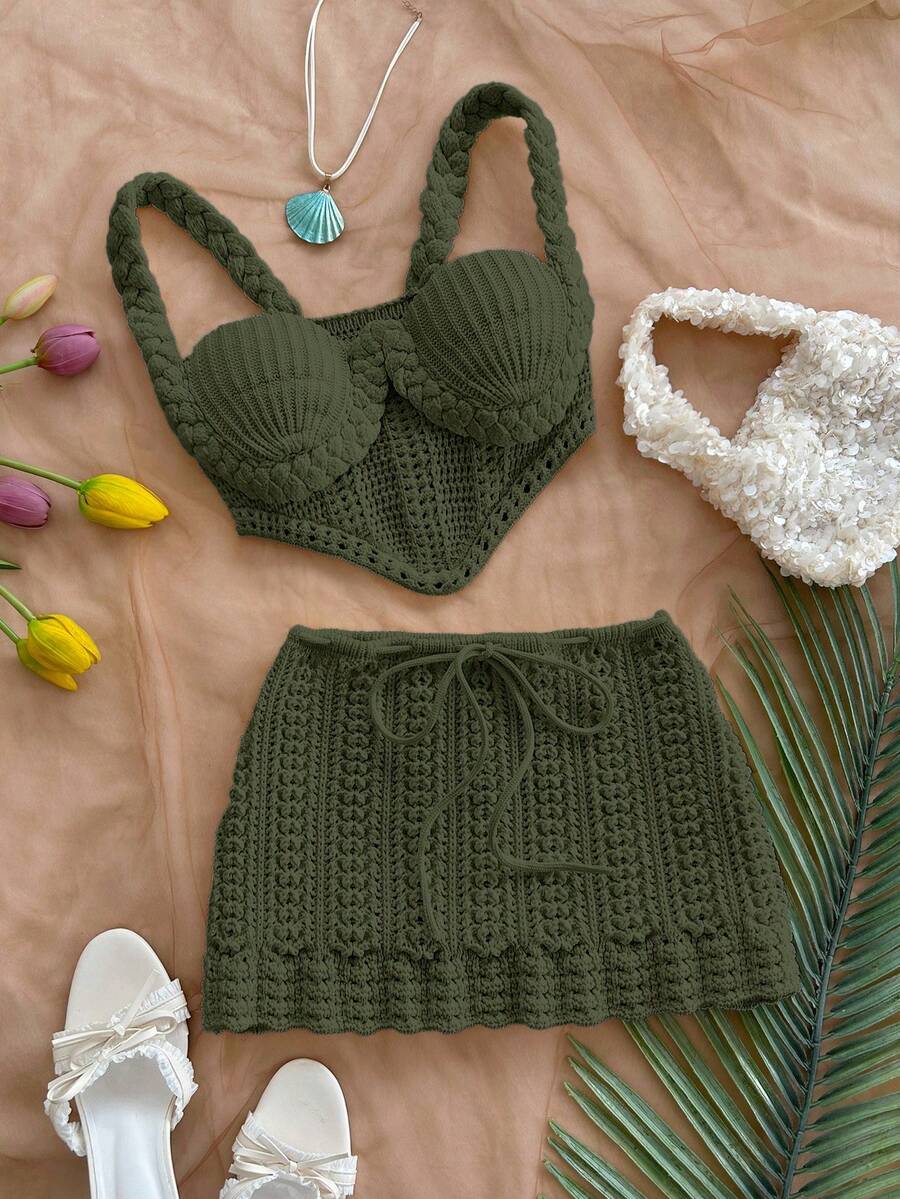 Soleia 2pcs Vacation Sexy Spaghetti Strap Crochet Crop Top And Low Waist Skirt Set, Suitable For Music Festival, Bohemian, Holiday, Date, Afternoon Tea - Olive Green - View 1