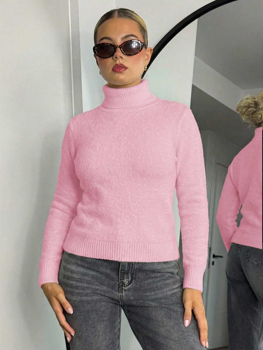 Bethéva High Collar Thickened Thermal-Lined Slim-Fit Sweater, Warm Fitted Base Layer, Autumn/Winter, Knit Pullover Fall - Pink - View 1