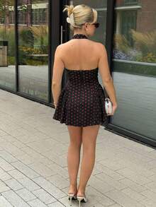 Bethéva 女式性感波尔卡圆点印花露背挂脖迷你连衣裙，夏季 - 黑色 - 查看 2