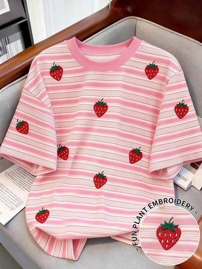 Resyla 2026 Summer Strawberry Embroidery Striped T-Shirt Women Pink White Crew Neck Short Sleeve Oversized Casual Cute Tee