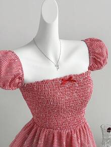 Sweetra French Romantic Red Plaid Bow Accent Fashionable Puff Sleeve Design Cinched Waist Elegant Girly Summer Versatile Office Lady Blouse - Red - View 4