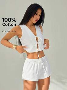 SHEIN PETITE Women's 100% Cotton 2 Pieces Set White Summer Boho Vacation Holiday Solid Color Tie Front Cropped Sleeveless Top And Shorts Casual Co Ord Outfit - White - View 10