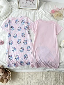 SHEIN 少女宽松休闲舒适卡通图案两件套家居服 - 彩色 - 查看 2