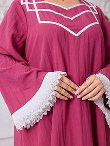 Al Najma Gaun Arab Wanita Model Musim Semi/Panas dengan Leher Bentuk Hati, Lengan Mengembang, Hiasan Renda Berongga di Bagian Bawah, dan Detail Patchwork, Gaun Sopan untuk Wanita - Hot Pink - View 6