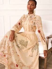 Lilora 女士优雅花卉图案纽扣前开襟中长连衣裙 - 彩色 - 查看 7