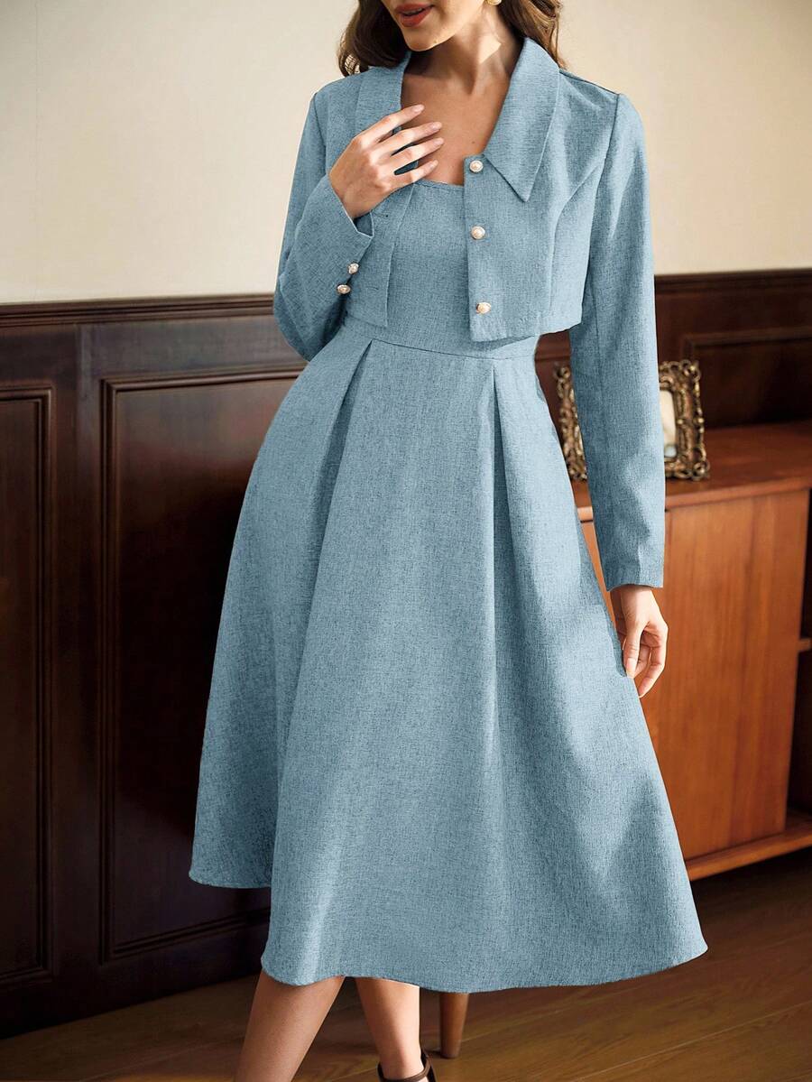 Vintamour 70年代復古風塵藍女士兩件套,方領無袖細肩帶洋裝與長袖外套,珍珠鈕扣裝飾,適合夏季辦公室與秋季穿搭 - 藍色 - 查看 1