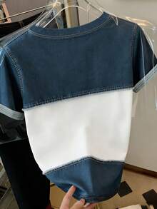 Resyla Casual Fitted Denim Knit Pullover Short Sleeve T-Shirt For Women - White - View 2