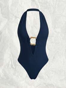 Olithes Women's Black Deep V Metal Ring Trim Strapless Bodysuit, Sexy Casual Minimalist Style Bodysuit - Navy Blue - View 8