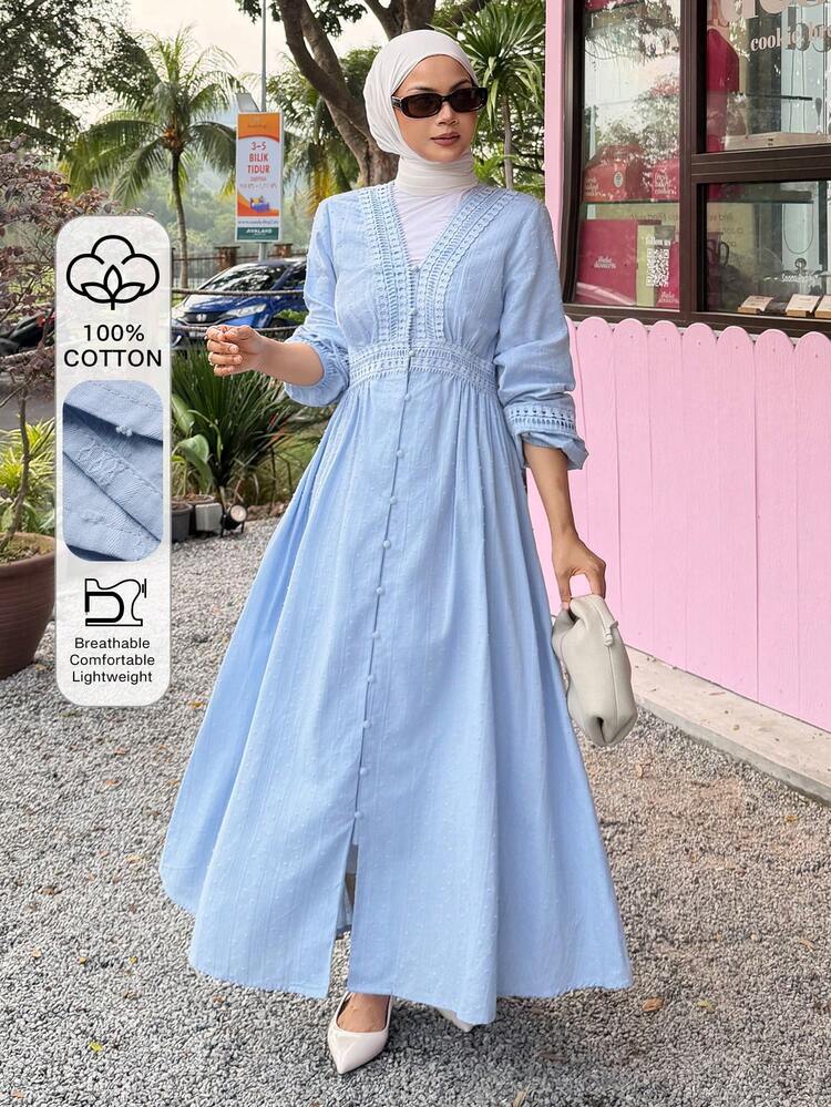 DAZY Women's Elegant Lace Patchwork Textured V-Neck Mid-Length Dress, Spring/Summer Wedding Guest Dress Sundress - Blue - View 1