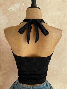 Soleia Camiseta de punto blanca con textura y ajuste ceñido con escote halter para vacaciones de mujer - Negro - Ver 5