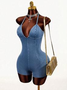 Mistrie 女士修身休闲约会牛仔吊带连体裤 - 藍色 - 查看 5