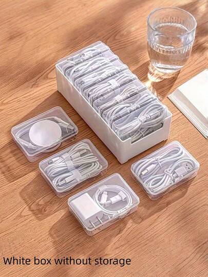 1套塑料线缆整理盒，充电器支架，桌面线缆管理，电源线收纳盒，透明储物盒，适用于家庭和办公室