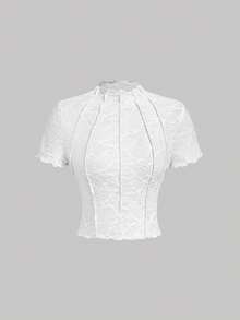 SHEIN MOD 白色蕾丝花卉提花针织薄纱女式T恤，梦幻浪漫，适合约会、派对、春夏装、春假、度假、野餐、节日、生日等场合。 - 黑與白 - 查看 5