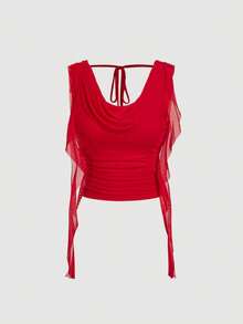 SHEIN MOD 亮红色垂褶领口缎带腰部抽绳网纱女式背心，适合派对、婚礼、郊游、约会、聚会、春夏春假、度假、野餐、节日、生日等场合。 - 紅色 - 查看 5