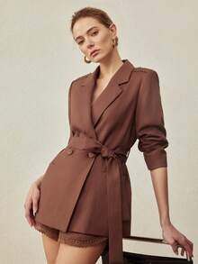 MOTF PREMIUM LINEN LACE PATCHWORK TIE-UP BLAZER, VINTAGE STYLE, SPRING/SUMMER - Coffee Brown - View 2