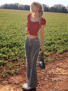 Sydney Algeri 女式休闲水洗磨边修身喇叭牛仔裤 - 藍色 - 查看 1