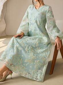 SHEIN Najma 新款提花紫色阿拉伯风格女装 - 薄荷綠 - 查看 5