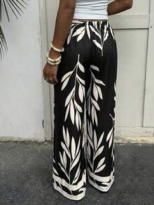 Aloruh Women's Tropical Plant Print Drawstring Waist Straight Loose Pants - Black - View 4