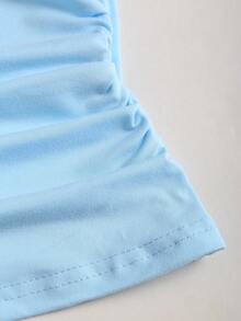 Sweetra Sexy Halter Neck Solid Color Metal Decor Fitted Crop Top, Chic And Stylish For Women - Blue - View 4