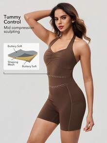 OutZeal 女士运动连体裤日常休闲速干收腹塑形文胸 - 棕色 - 查看 2